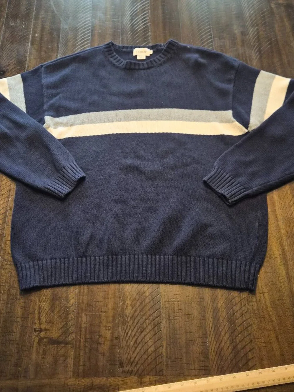 J Crew Striped Knit Sweater Mens Size L Cotton Crewneck Pullover Blue G788